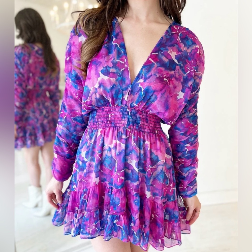 MISA Chiara Mini Dress Watercolor Blues Color Size Small - Picture 2 of 7
